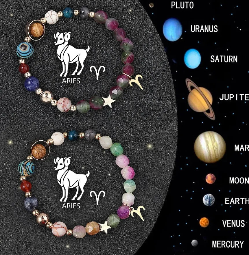 Twelve zodiac sign bracelets with natural stone beads arranged in a circle showing different designs