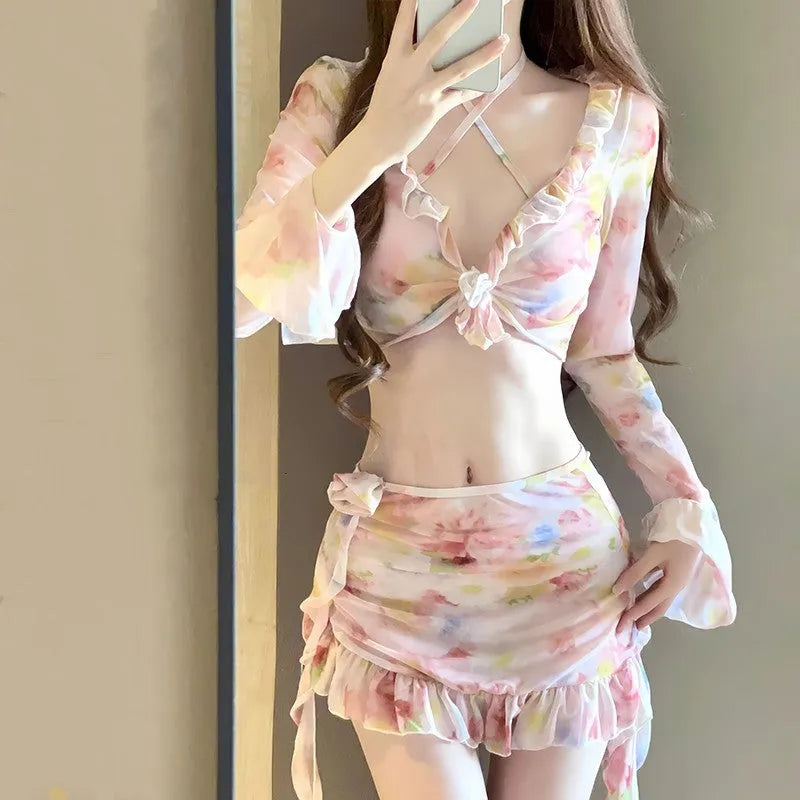 Women's floral bikini swimsuit in cherry blossom pink with polyester fabric