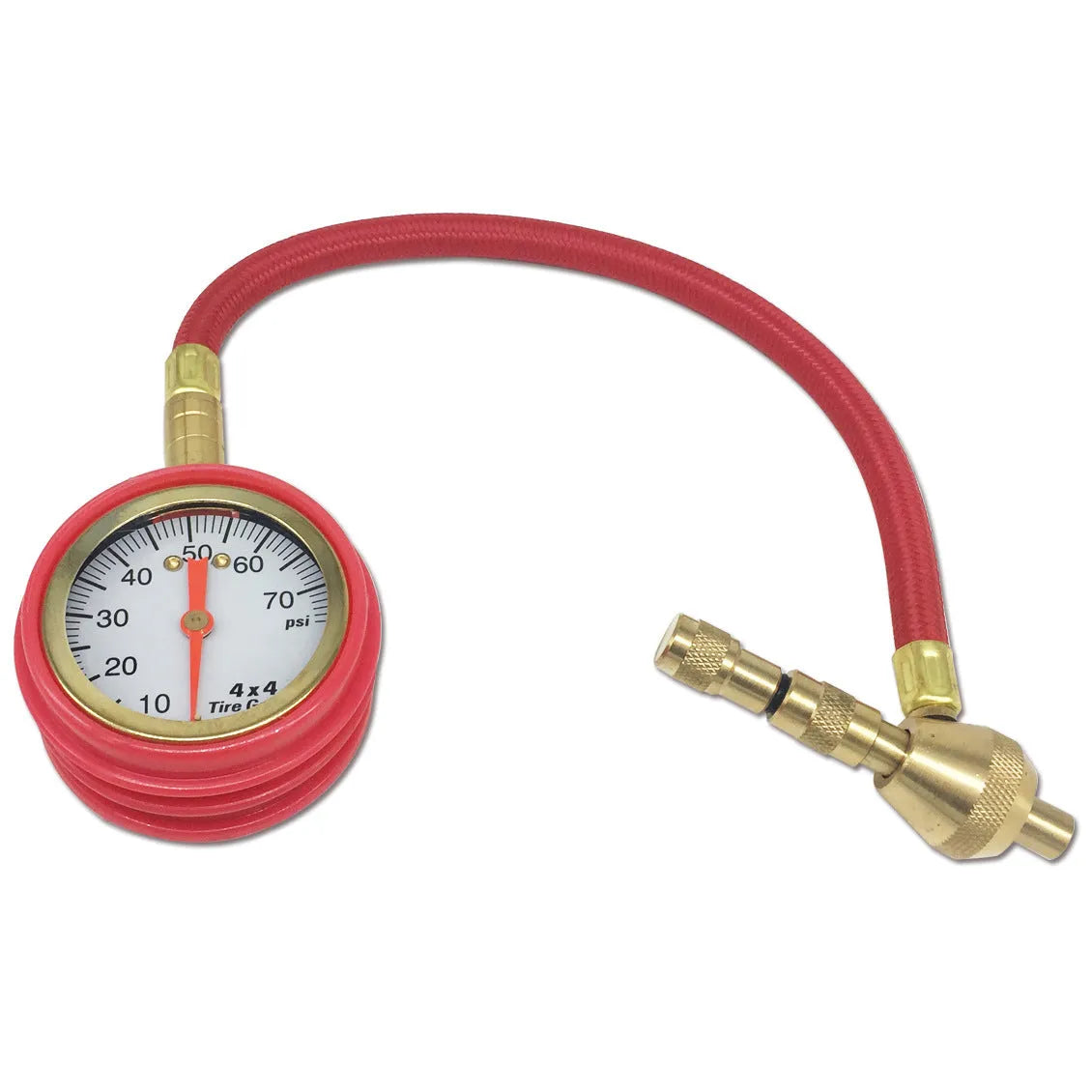 Red mechanical tyre pressure gauge with metal body and rubber shell, showing 0-5 BAR scale and deflation valve.