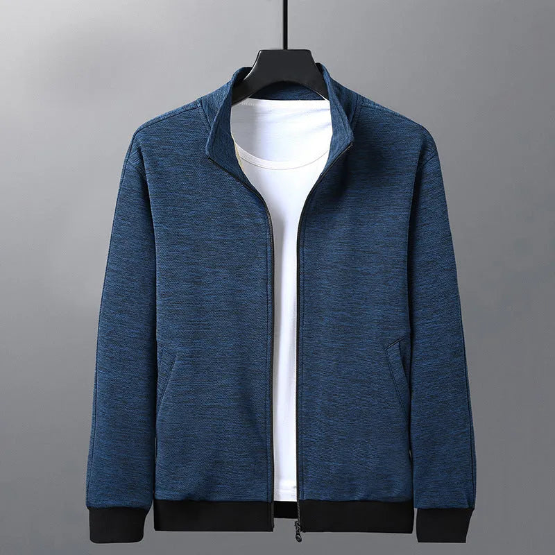 Men's black athletic jacket with a stand-up collar and front zip, showing a close-fitting cut