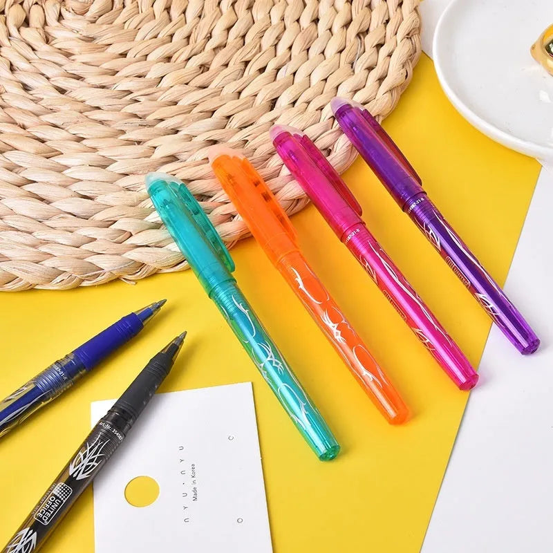 Set of heat erasable gel pens with plastic bodies and stainless steel nibs, in multiple colours.