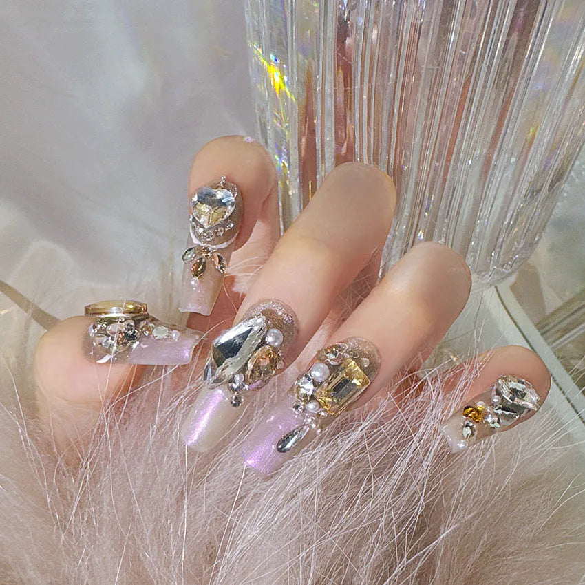 Luxury rhinestone false nail patches with flash-style decoration on card paper packaging