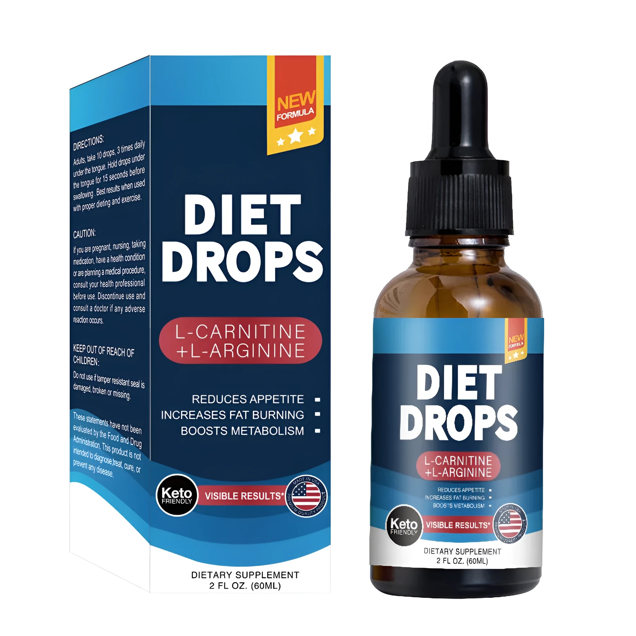 60ml glass bottle of ketone drops with a black dropper cap on a white background