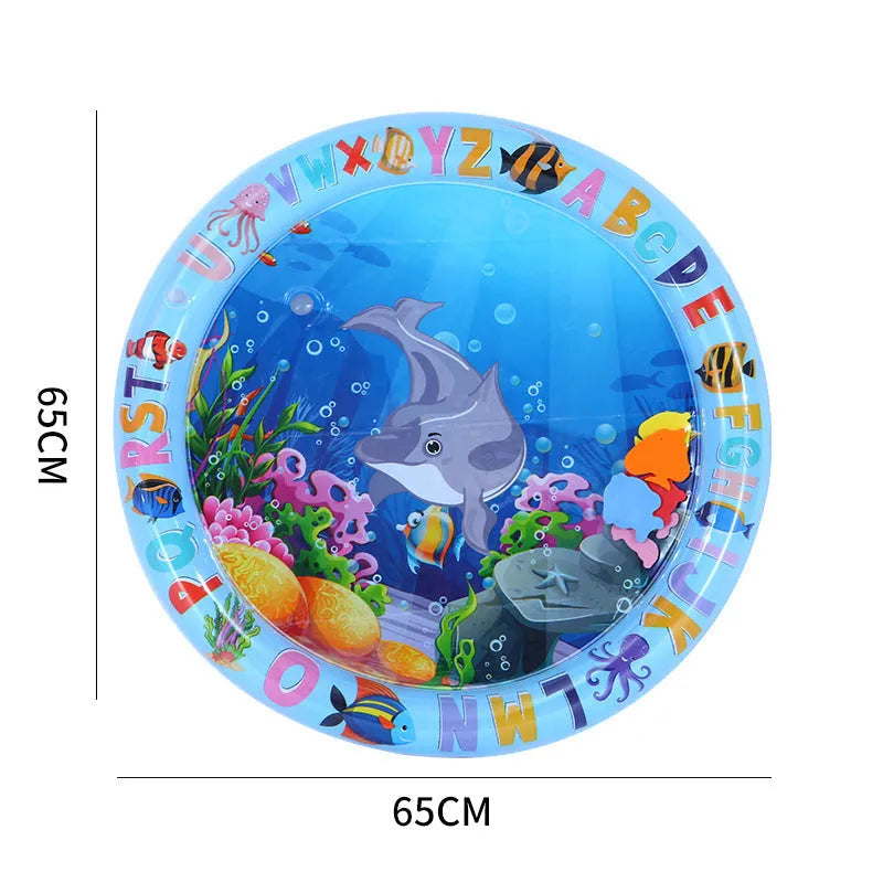 Square cat water playmat with ocean fish design and floating toys on blue PVC surface