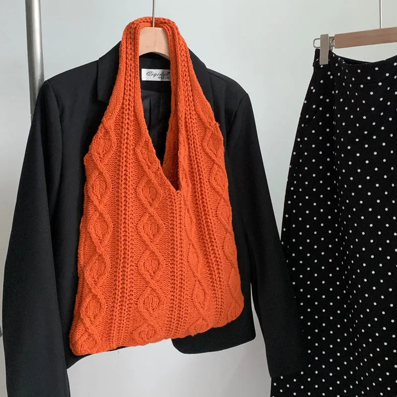 Retro hollow knitted shoulder tote bag in polyester with crochet design showing double straps and large capacity