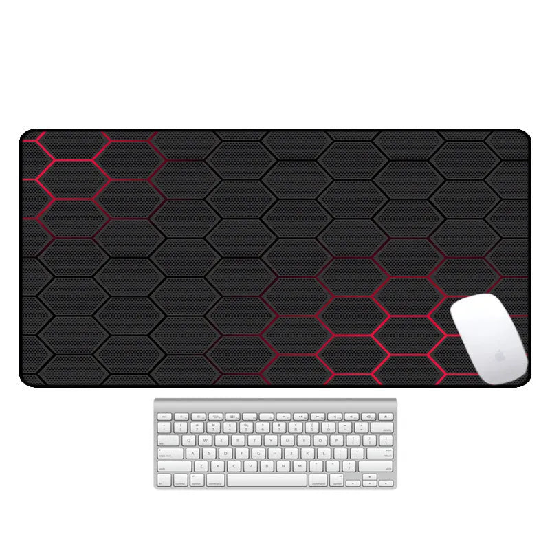 Large printed desk mat with natural rubber non-slip base on a wooden desk with keyboard and mouse.