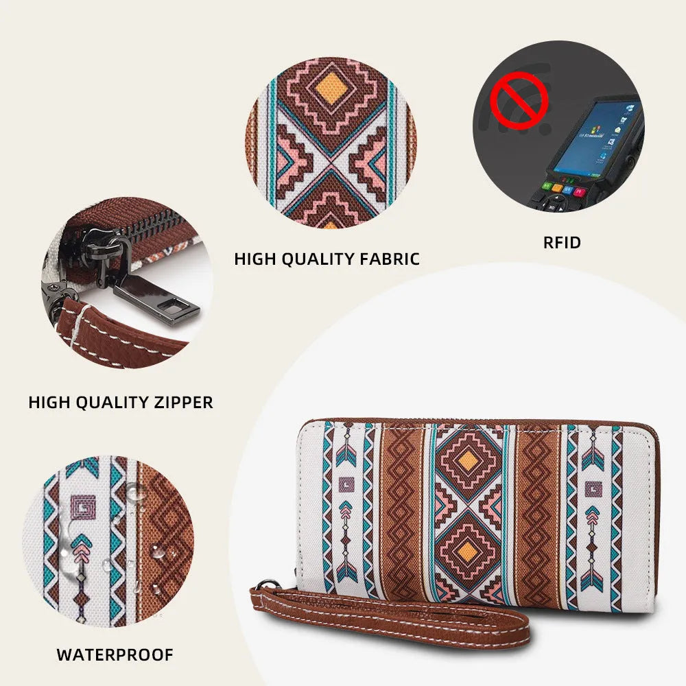 Bohemian wind belt patterned RFID wallet in canvas with dimensions 20x10x2cm