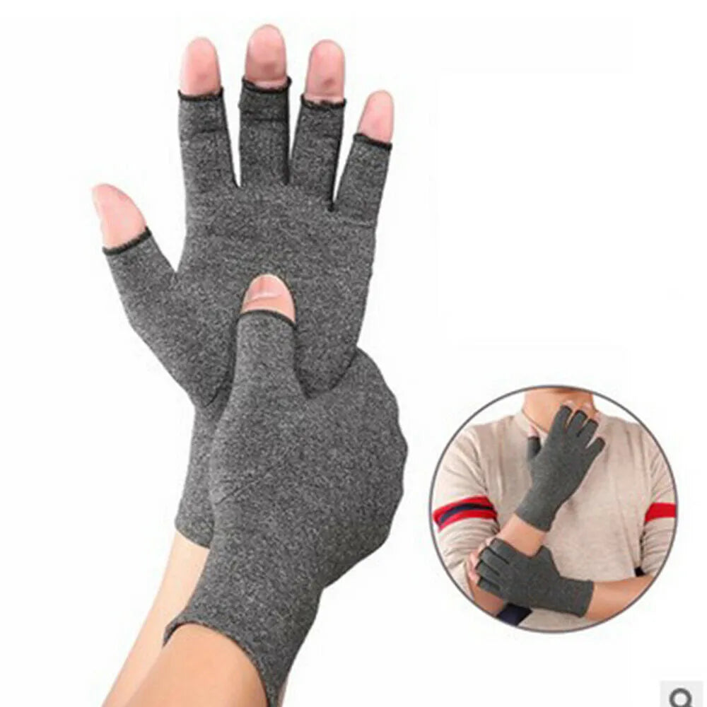 Grey half finger compression gloves showing anti-slip silicone grip palm and joint support design