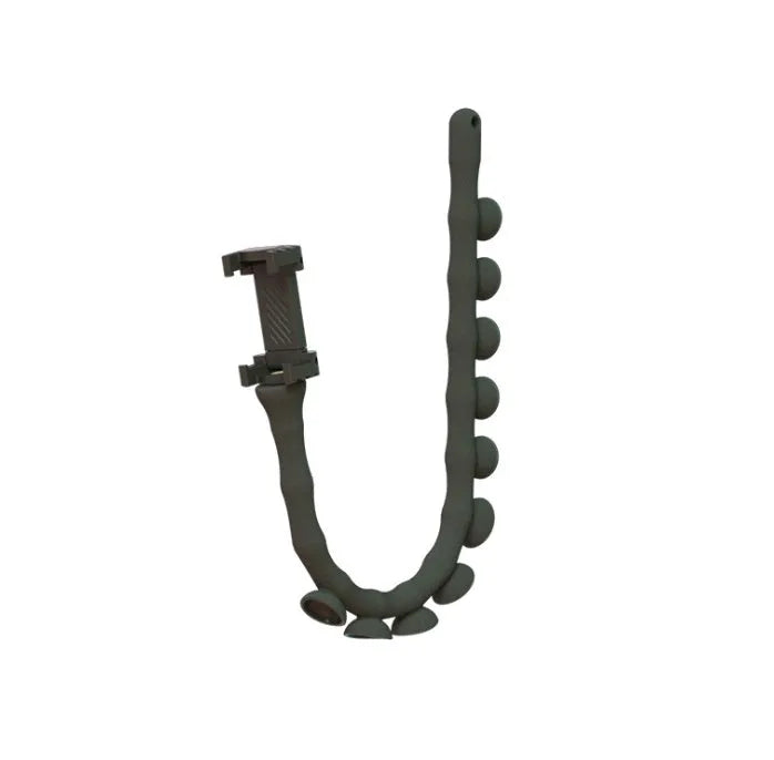 Flexible worm design mobile phone holder with suction cup mounted on desktop showing 360-degree rotation
