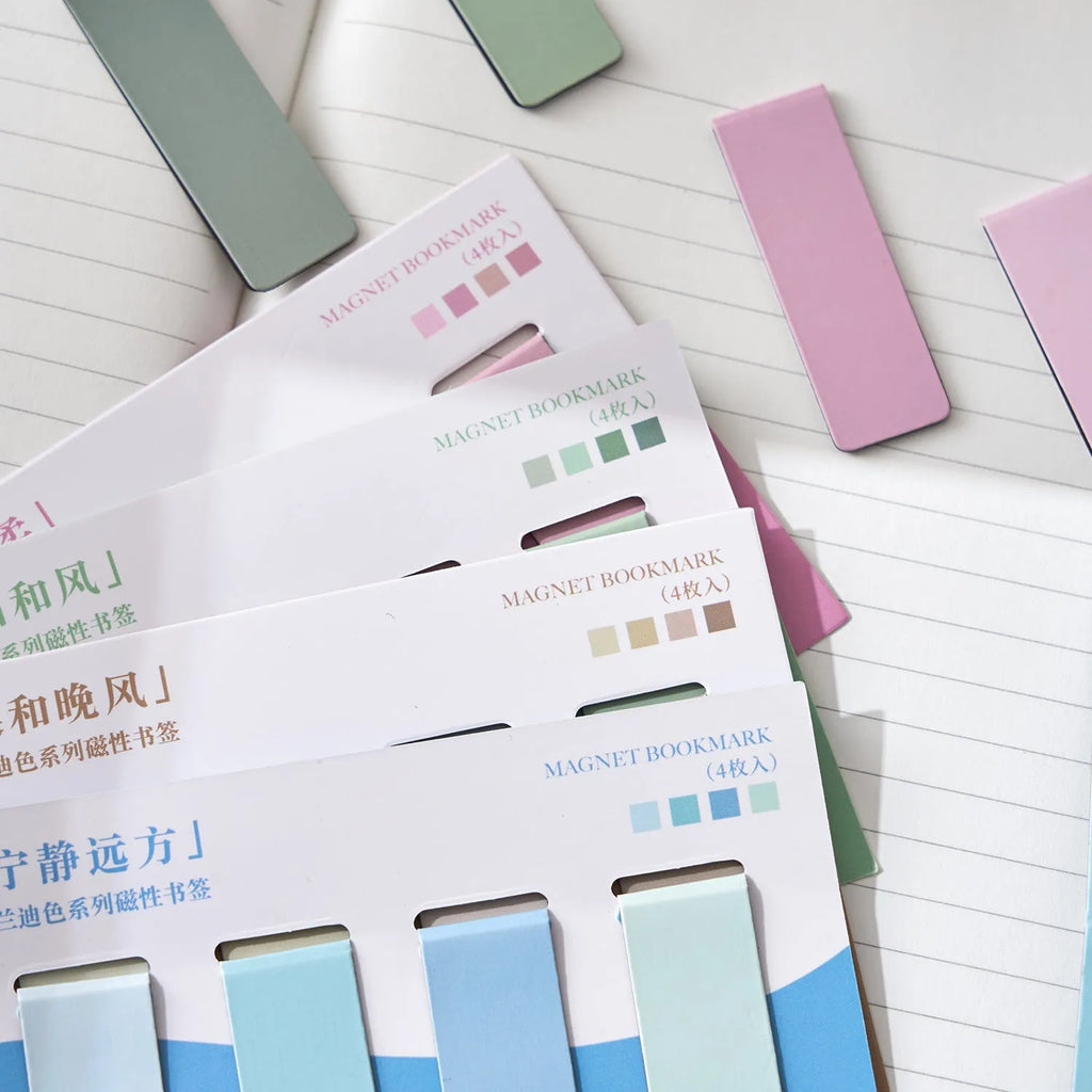 Set of four Morandi colour magnetic bookmarks showing miniature size and magnetic closure design