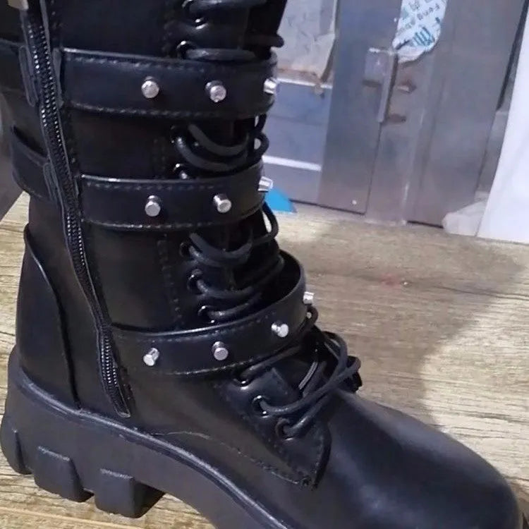 Women's black mid-calf knight boots with side zipper and metal buckle on artificial PU upper