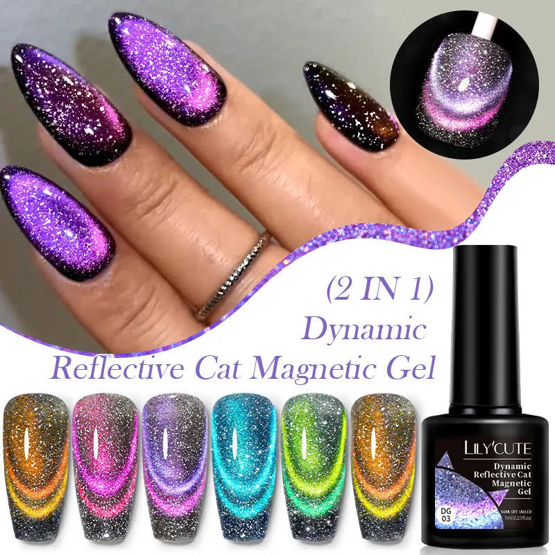 Cat eye series nail polish gel bottles showing diamond glitter and fragment designs in six colour options