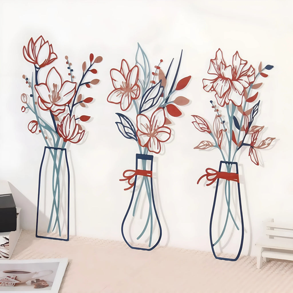 Set of three metal flower wall art pieces with colour vase designs, in a choice of four colour finishes.