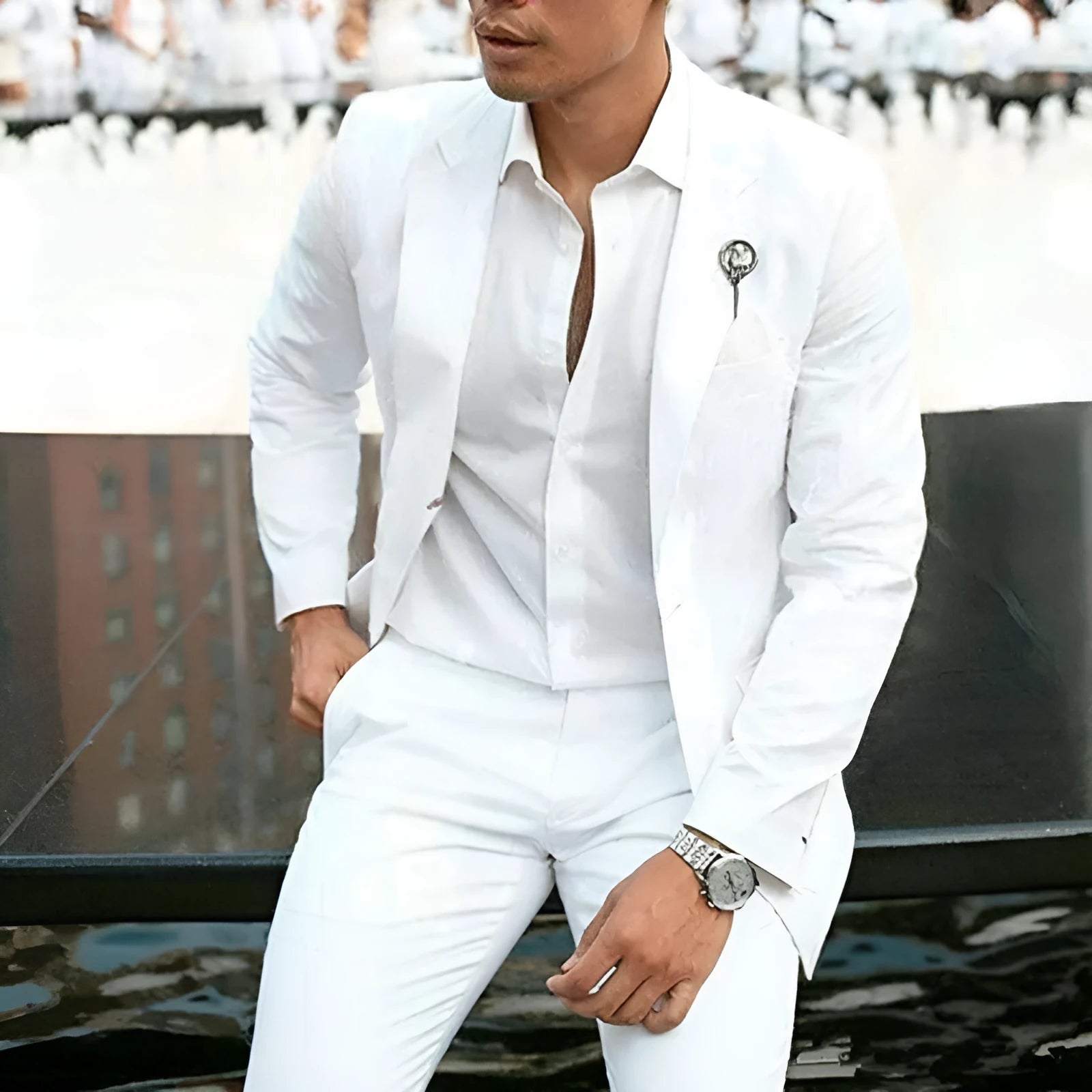 Men's white slim fit two-piece wedding suit with jacket and trousers on hanger