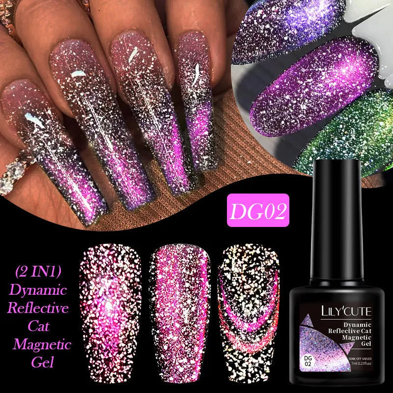 Cat eye series nail polish gel bottles showing diamond glitter and fragment designs in six colour options