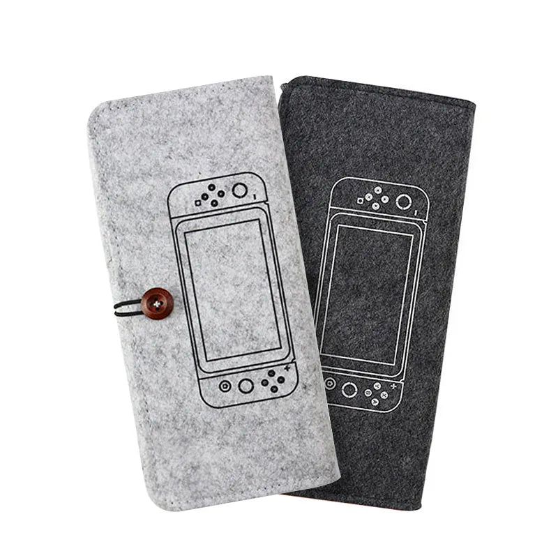 Black felt carrying pouch for Nintendo Switch console with game card slots and double storage layers.