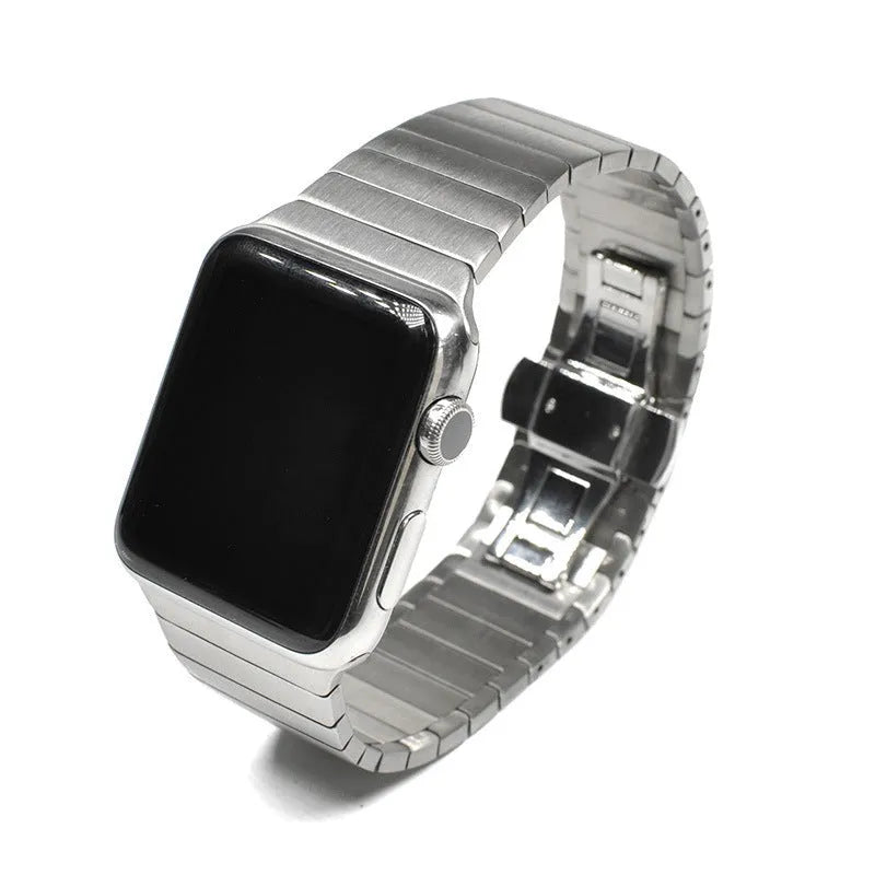 Stainless steel Apple Watch band with butterfly buckle clasp in silver colour