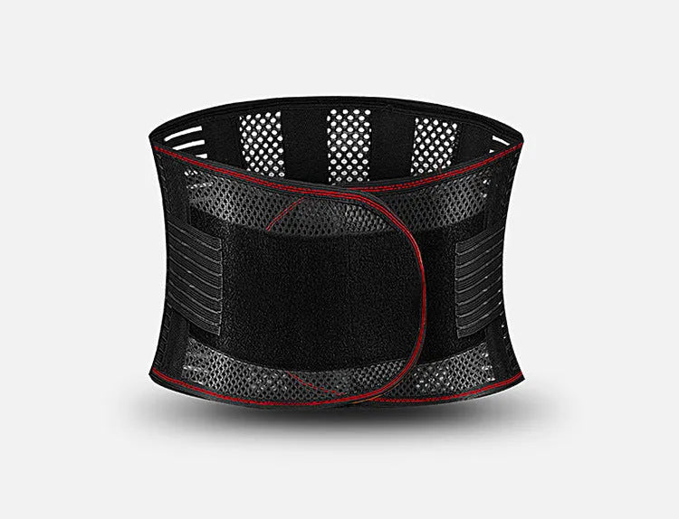 Black breathable sports waist support with steel plate for lumbar decompression, shown in adult size.