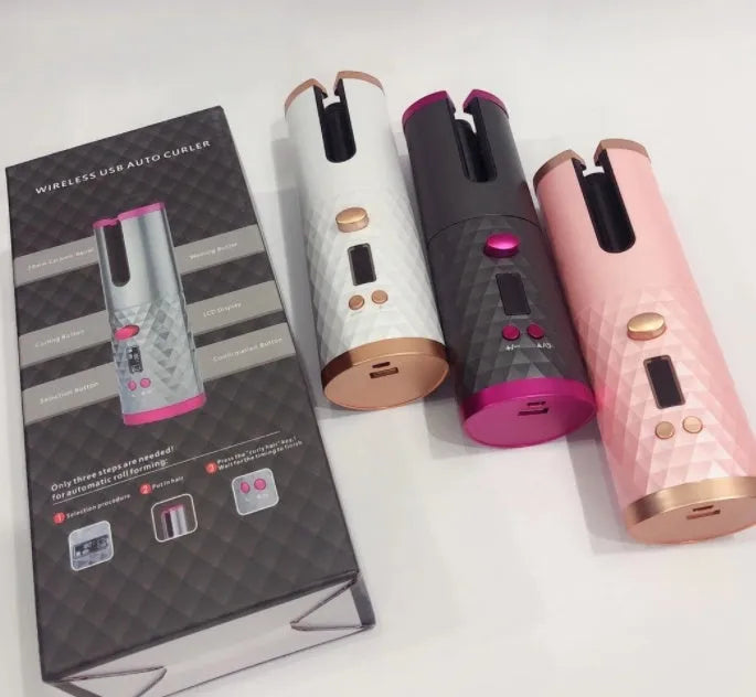 White USB curling iron with gold ceramic barrel and temperature control display