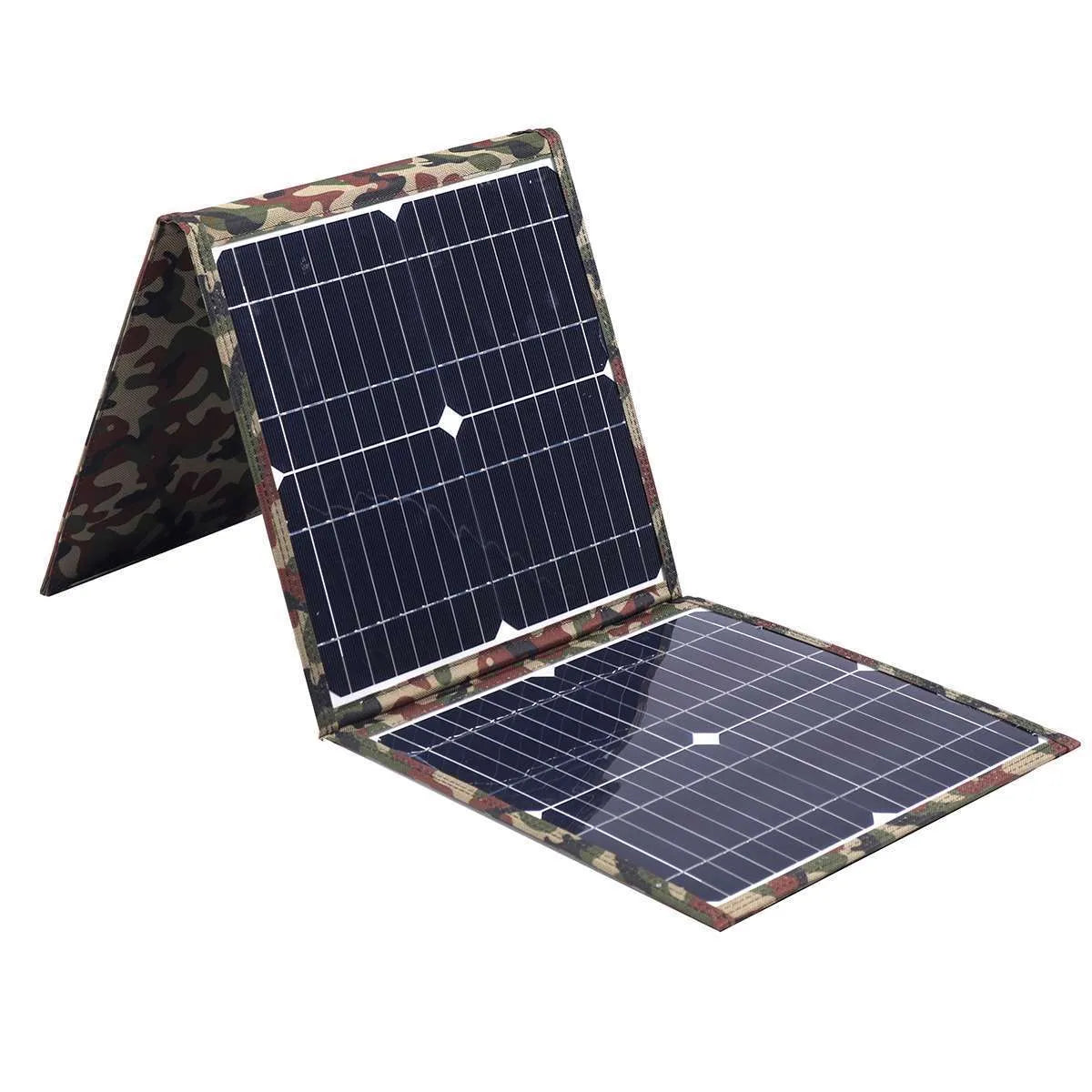 Black foldable solar panel unfolded showing three monocrystalline solar cells, with accessories including car charger and USB box