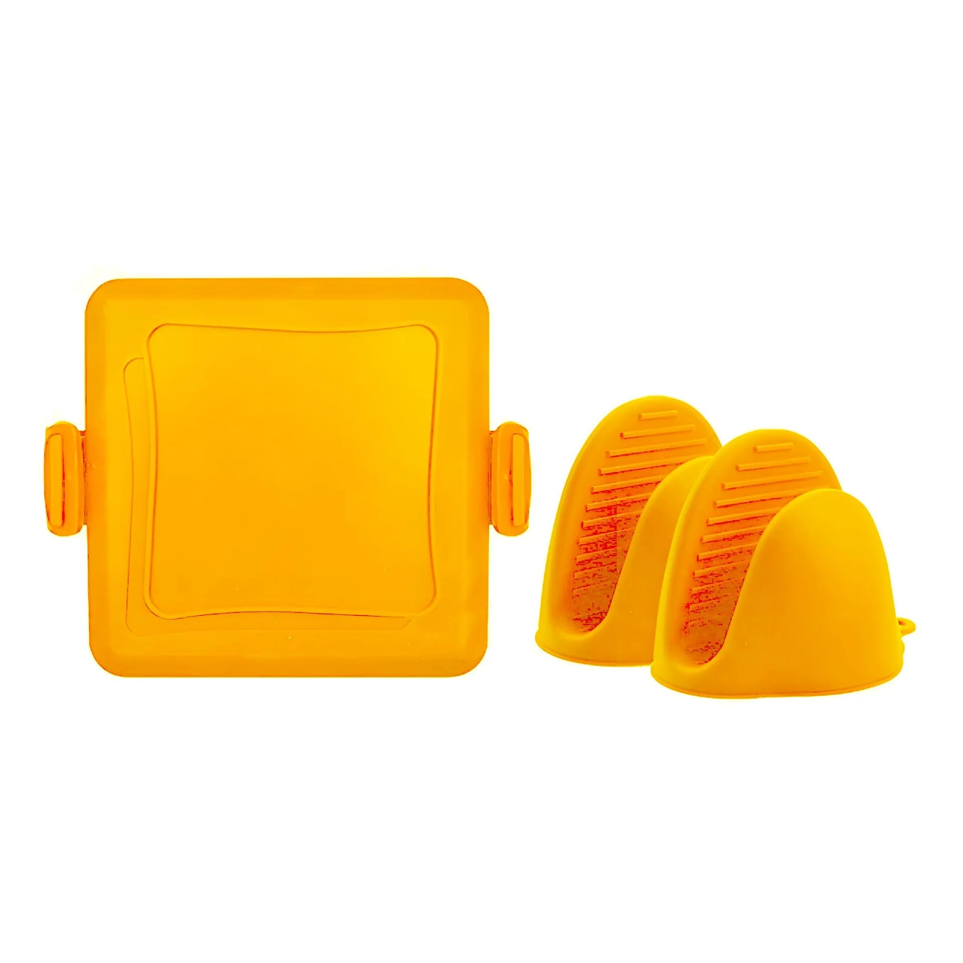Red silicone baking tray with matching heat-resistant gloves on a kitchen counter.