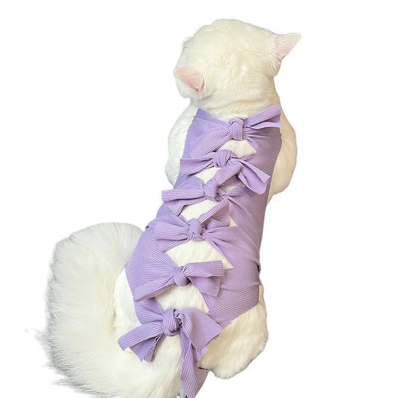 Lace-up polyester cat sterilisation recovery clothing in pink, purple, blue, brown and green pineapple colours