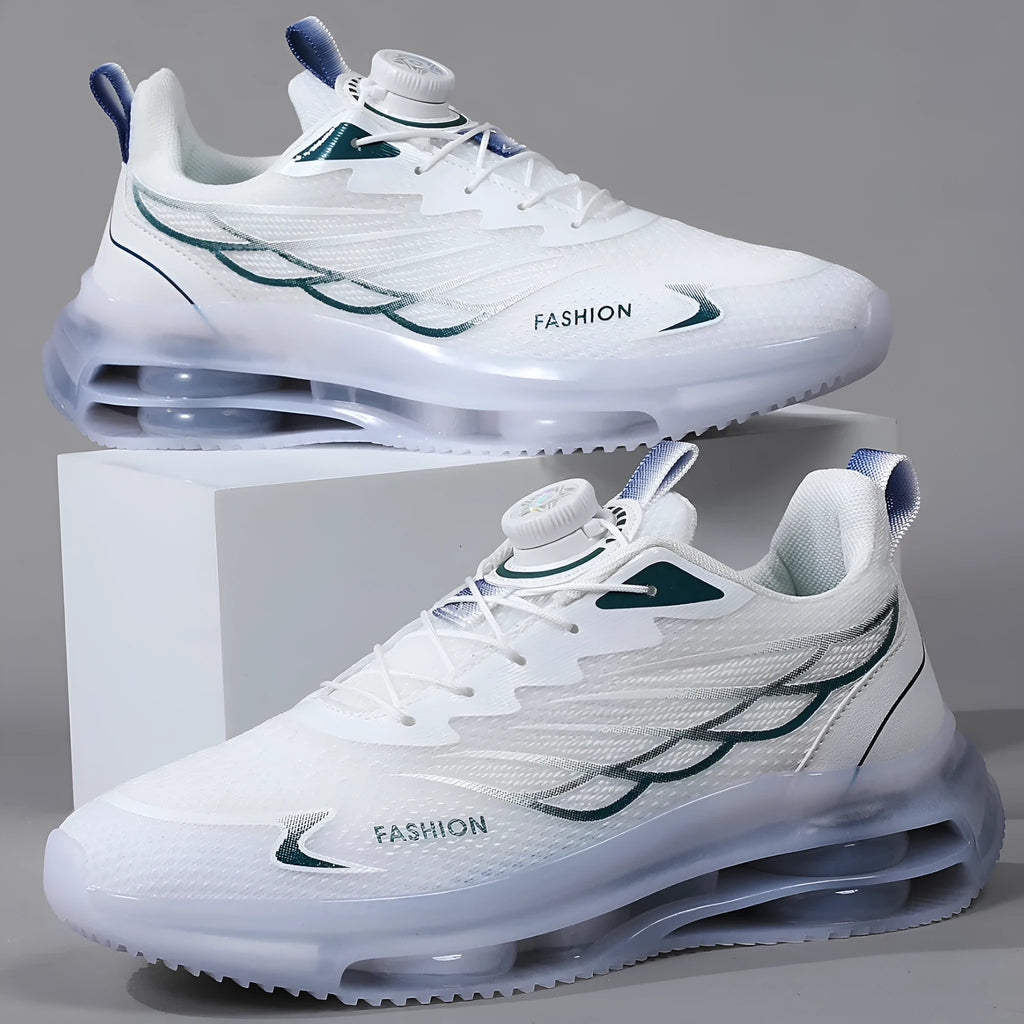 White rotating button sports shoes with mesh construction and rubber sole, showing lace-up front and Korean style design