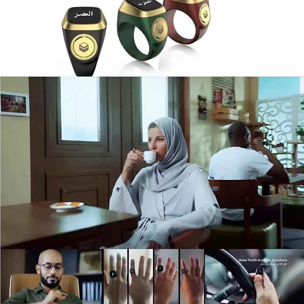 Zikr1 Lite Tasbih smart ring in silver on a charging case with USB cable.