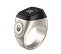 Zikr1 Lite Tasbih smart ring in silver on a charging case with USB cable.