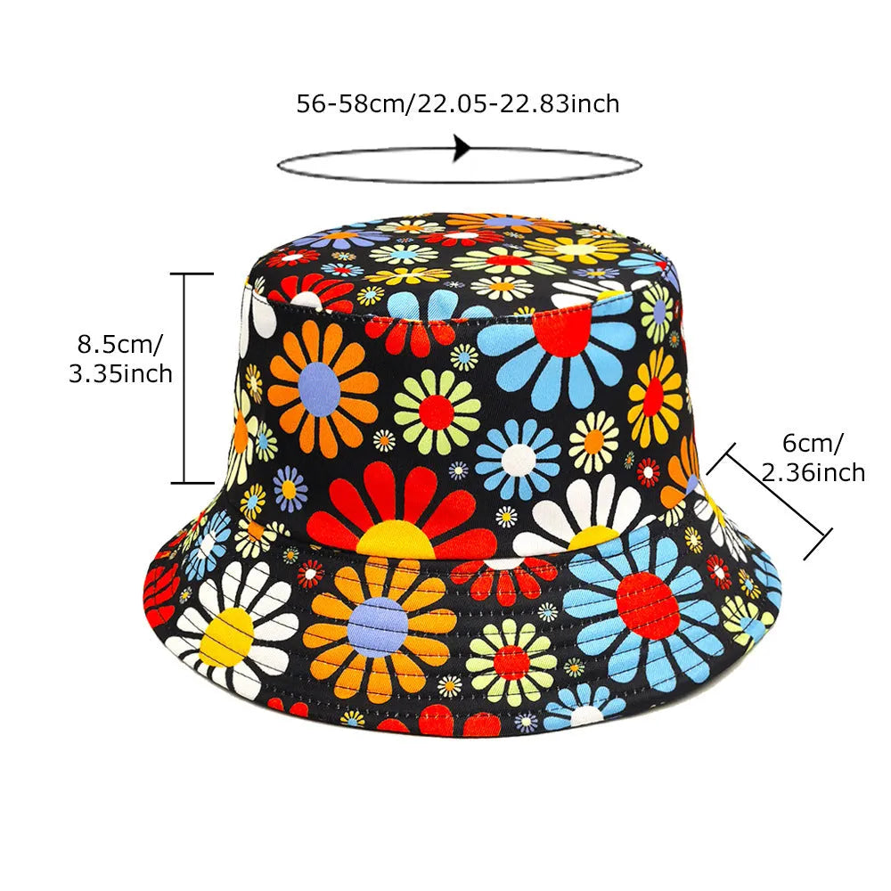 Colourful flower print polyester bucket hat with a dome crown on a neutral background.