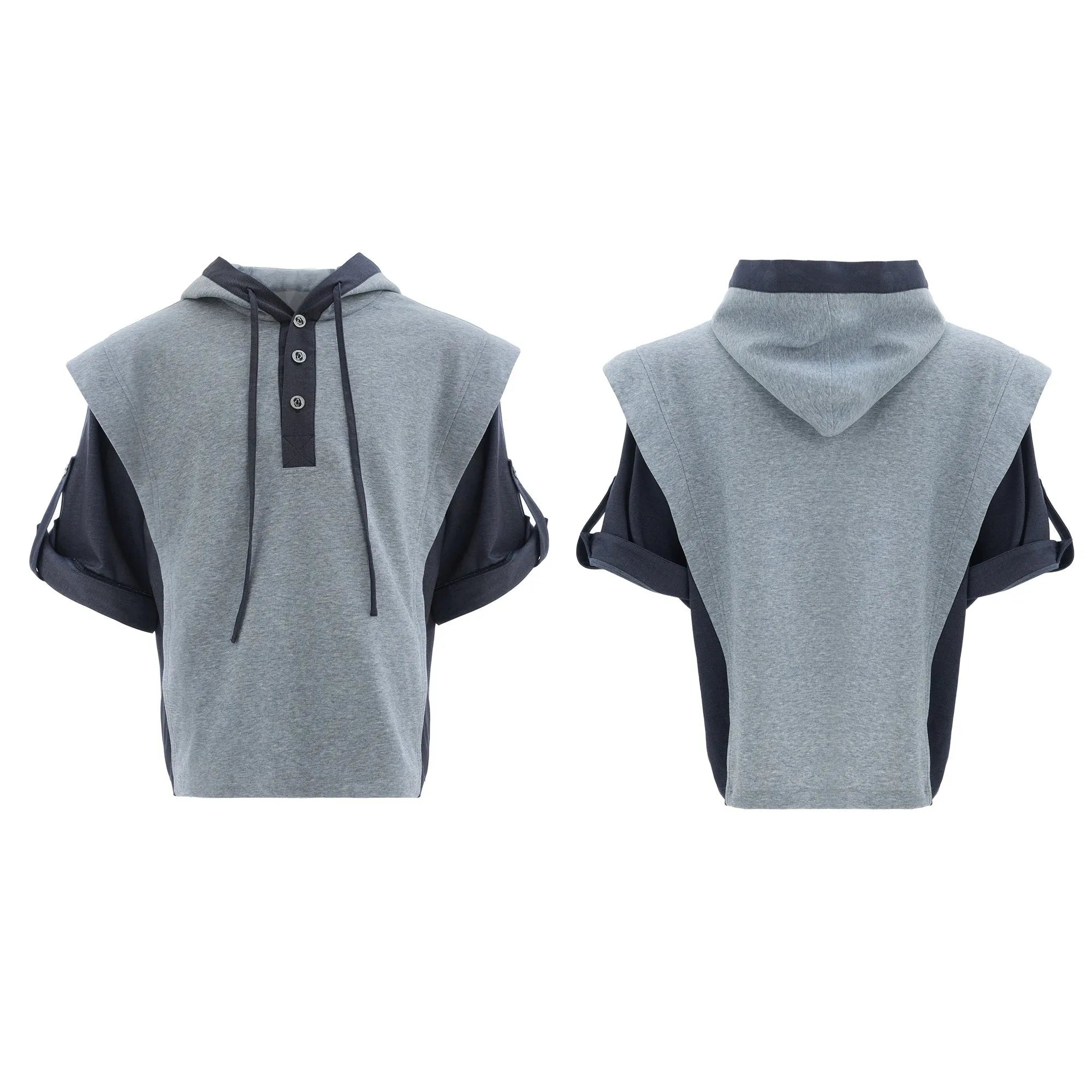 Men's black and grey polyester hooded leisure suit with three-dimensional stitching and short sleeve design