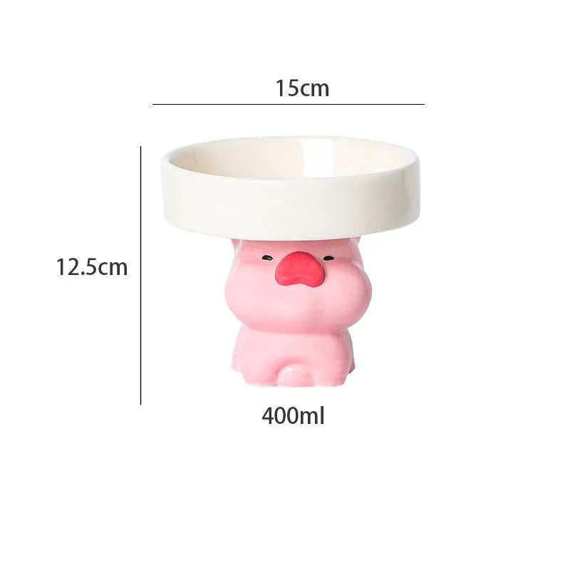Raised ceramic cat bowl in animal design with wide opening for whisker-friendly feeding