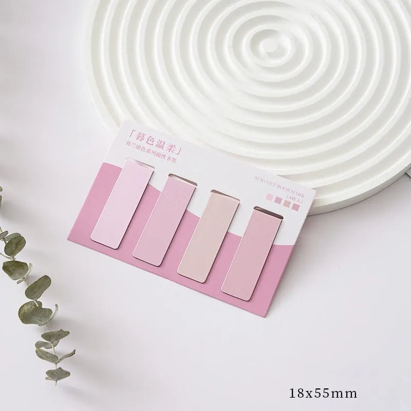 Set of four Morandi colour magnetic bookmarks showing miniature size and magnetic closure design