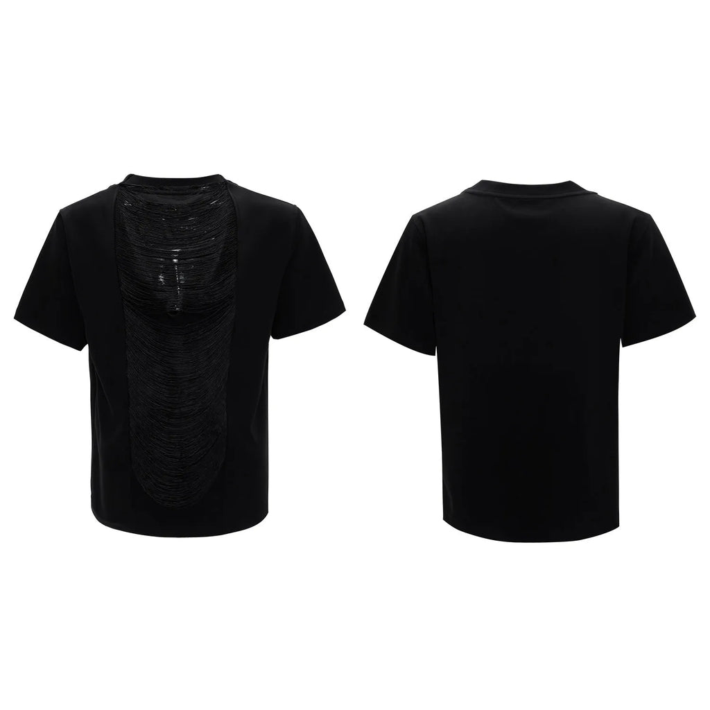 Men's black loose fit t-shirt with hollow out V-neck and three-dimensional cutting
