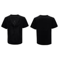 Men's black loose fit t-shirt with hollow out V-neck and three-dimensional cutting