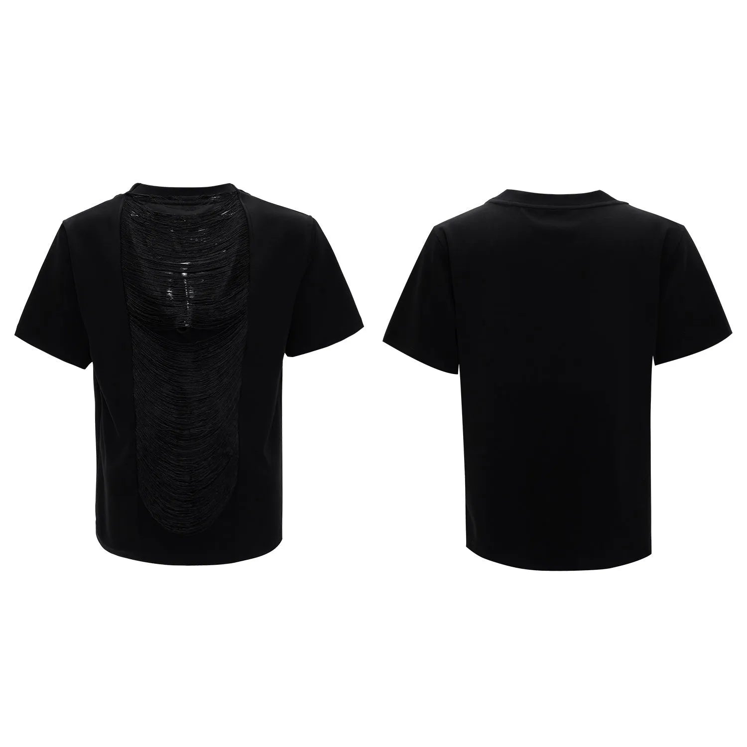 Men's black loose fit t-shirt with hollow out V-neck and three-dimensional cutting