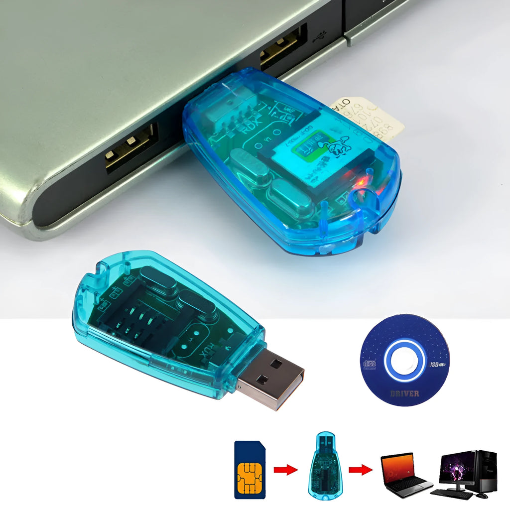 Blue USB SIM card reader for mobile phone data management on computer