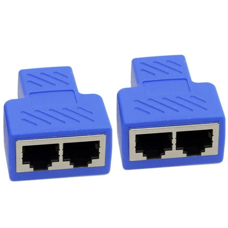 RJ45 network cable splitter adapter in multiple colours, showing one input and two output ports.