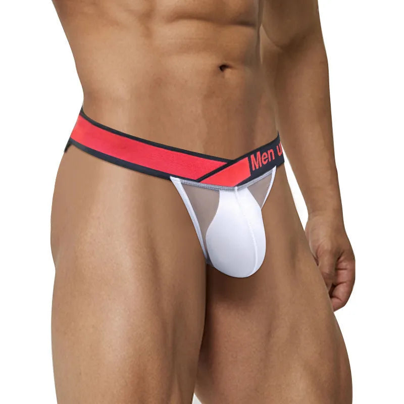 Men's gradient transparent ice silk briefs with large V-front design in black, red, and white colour options