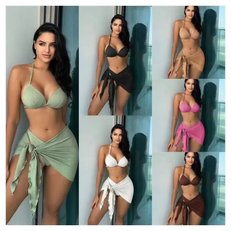 Women's three-piece swimsuit set in avocado green with Russian split design and skirt