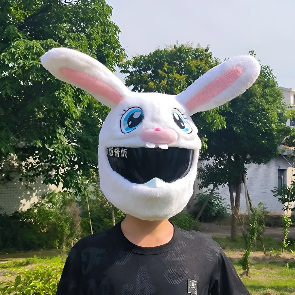 White plush rabbit head decorative cover for electric motorcycle helmet