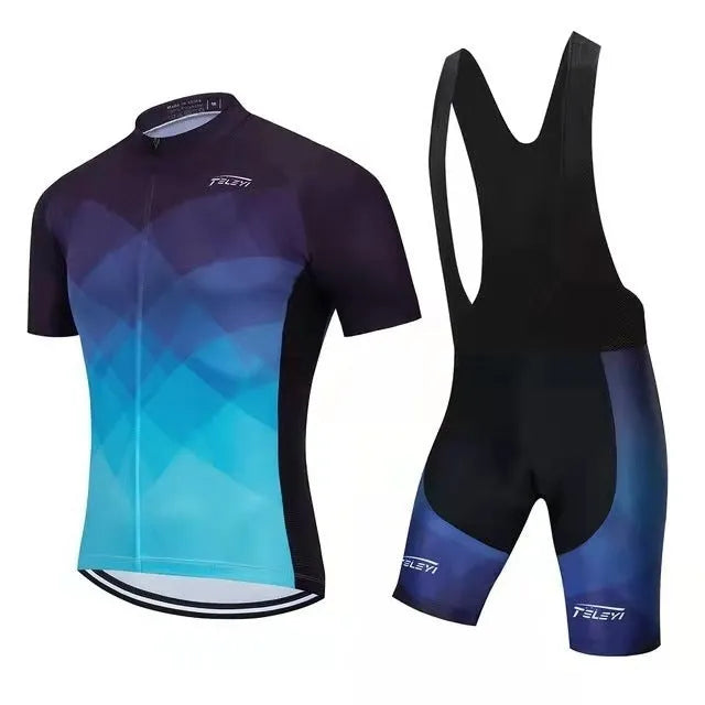 A short-sleeved cycling jersey and pants set for men and women, shown in one of seven available colour styles.