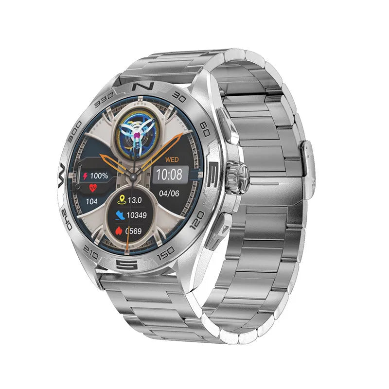Smart watch displaying health metrics on IPS screen, available in black, silver, black steel, or silver steel.