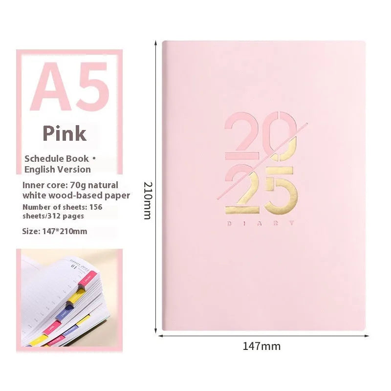 Soft faux leather A5 daily planner book open on a desk, showing Dorian paper pages and available colour variants.