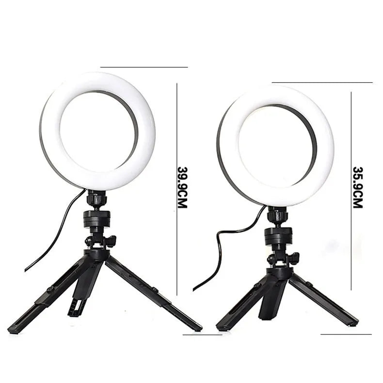 Black desktop tripod with adjustable fill light and universal mobile phone bracket for video recording