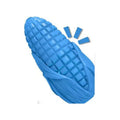 Blue and yellow corn-shaped durable dog chew toy for large breeds with squeaker and dental grooves.