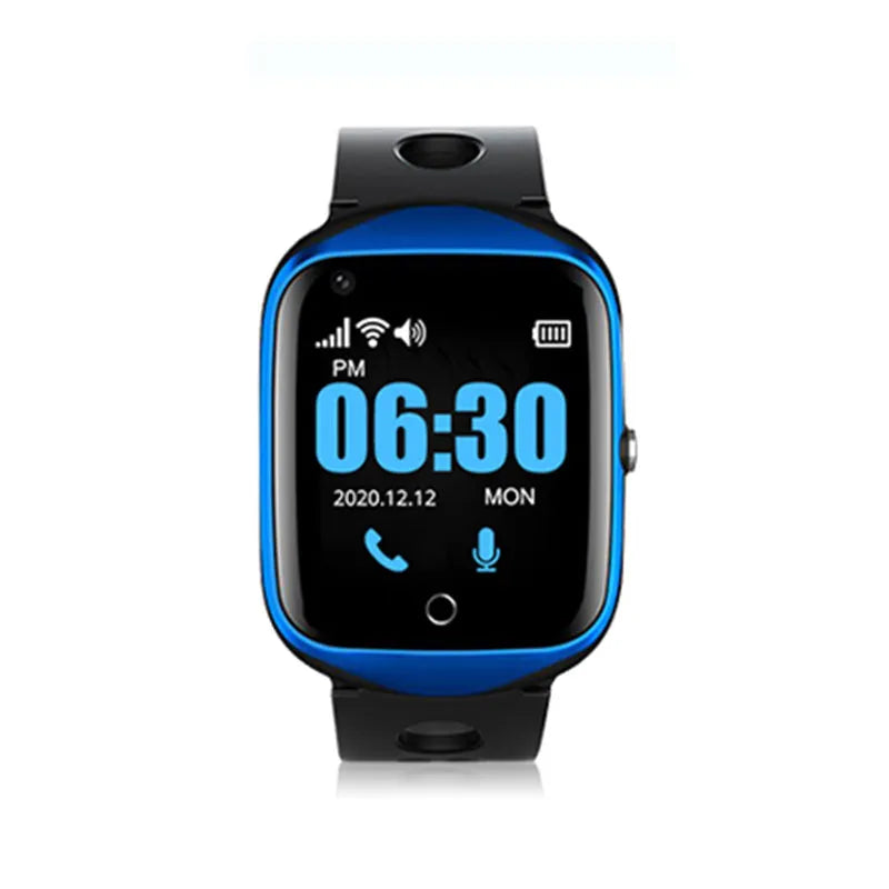 Square smartwatch for elderly with GPS tracking and SOS button shown in black, blue, and silver colour options
