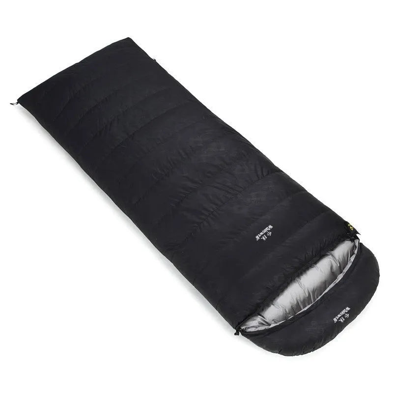 Black outdoor sleeping bag with white goose down fill and tear-resistant nylon fabric.