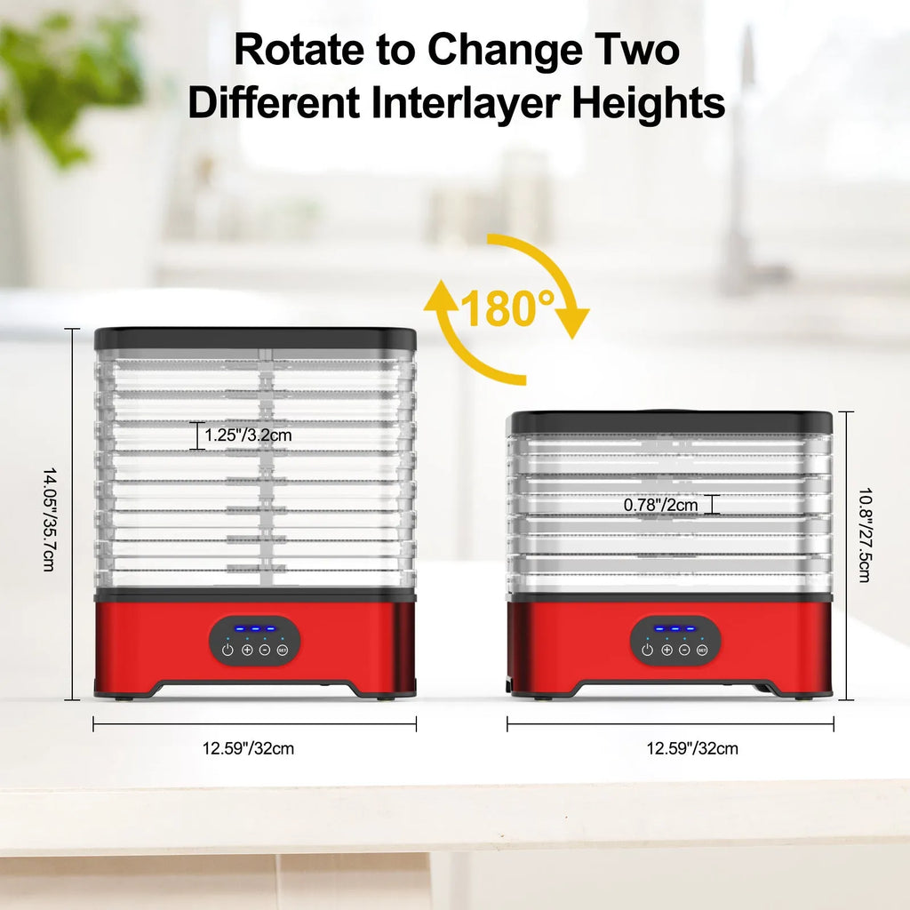 Silver and red household food dehydrator with 8 expandable drying trays.