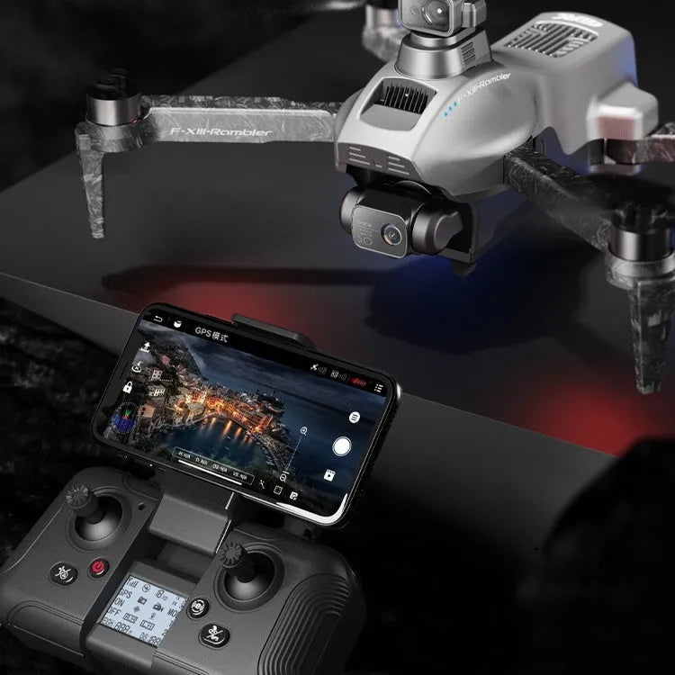 White foldable quadcopter drone with 4K camera and obstacle avoidance sensors, remote control, and batteries on a grey background.